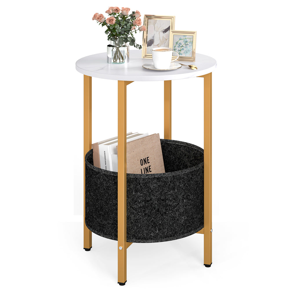 Round end table with a white top and gold metal frame, featuring a removable black felt basket for storage.