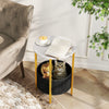 Round end table with a removable felt basket, sturdy metal frame, and white top, perfect for living rooms or bedrooms.