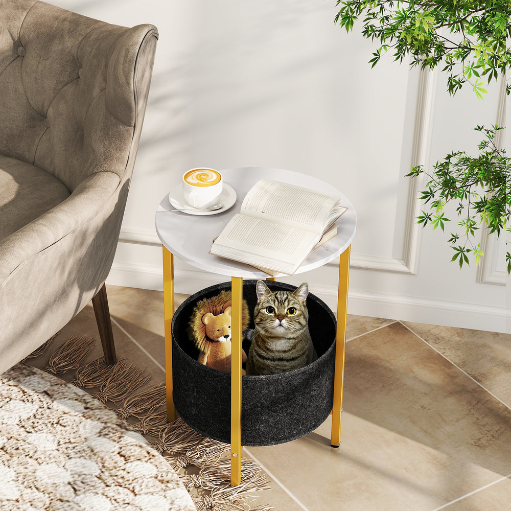 Round end table with a removable felt basket, sturdy metal frame, and white top, perfect for living rooms or bedrooms.