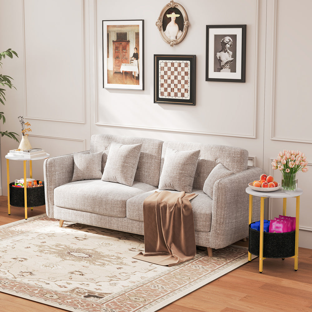 Round end table with removable fabric basket, sturdy metal frame, ideal for living rooms and bedrooms.