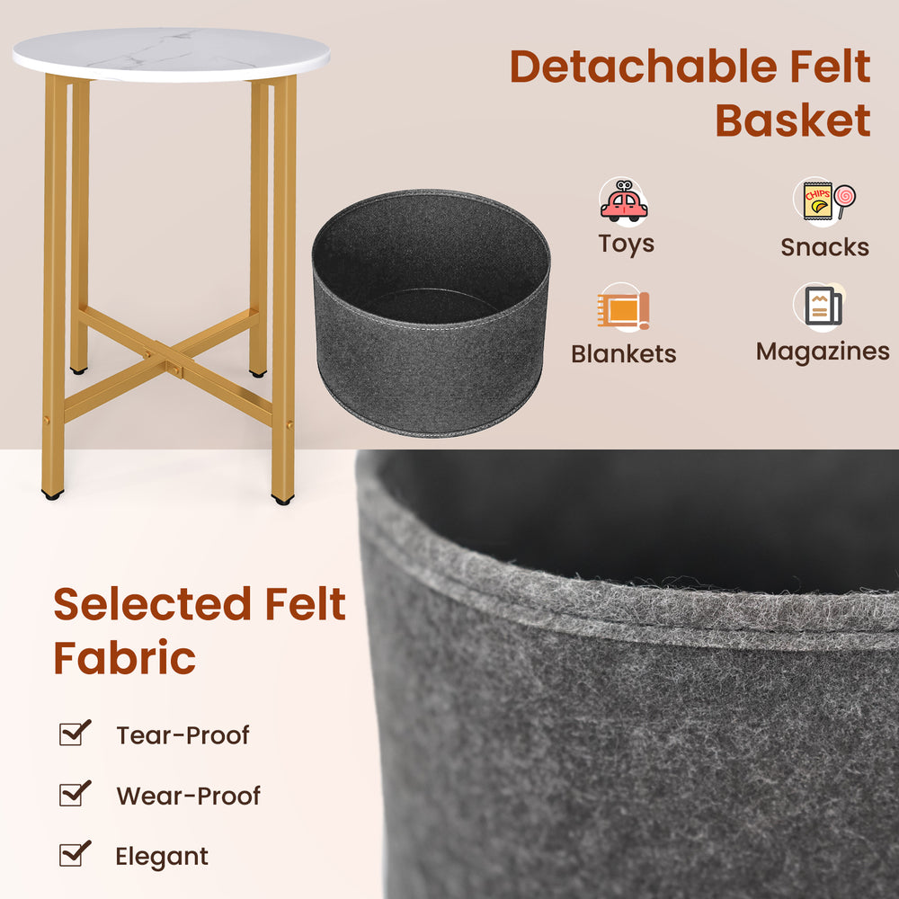 Round end table with a white top and detachable felt basket, perfect for storing snacks, magazines, and blankets.