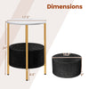 Round end table with a white top, metal frame, and removable black felt basket for versatile storage and stylish decor.