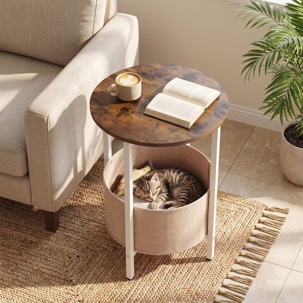 Round End Table 2-Tier Side Table with Removable Fabric Basket and Metal Frame-Cream White - Gallery View 1 of 10