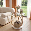 Round end table with faux marble base and tempered glass tabletop, perfect for modern living room decor.