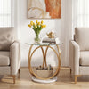 Round end table with tempered glass top and faux marble base, featuring a gold metal frame for modern decor.