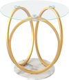 Round end table with faux marble base and tempered glass tabletop, featuring a gold metal frame for modern decor.