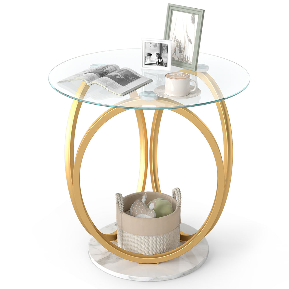 Round end table showcasing a faux marble base and gold metal frame, ideal for holding decor and essentials in style.