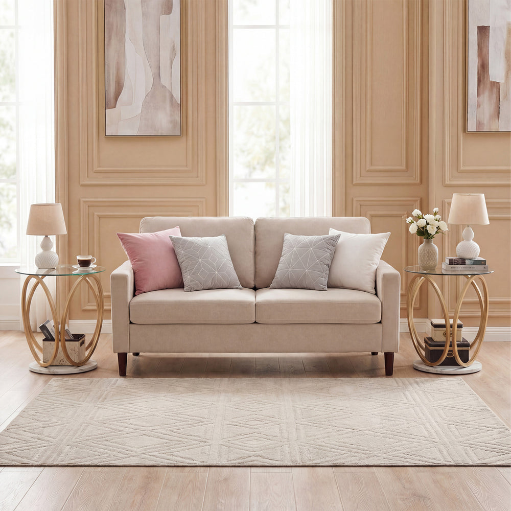 Faux marble side table with a round tempered glass top and gold metal frame, ideal for stylish and modern interiors.