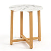 Round end table featuring a 16" faux marble top and solid acacia wood legs, perfect for versatile living room use.