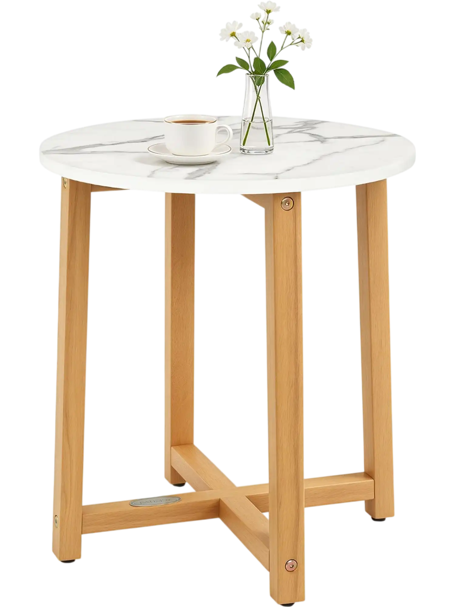 Costway Round End Side Table Faux Marble Top Acacia Wood Legs 63801504 New