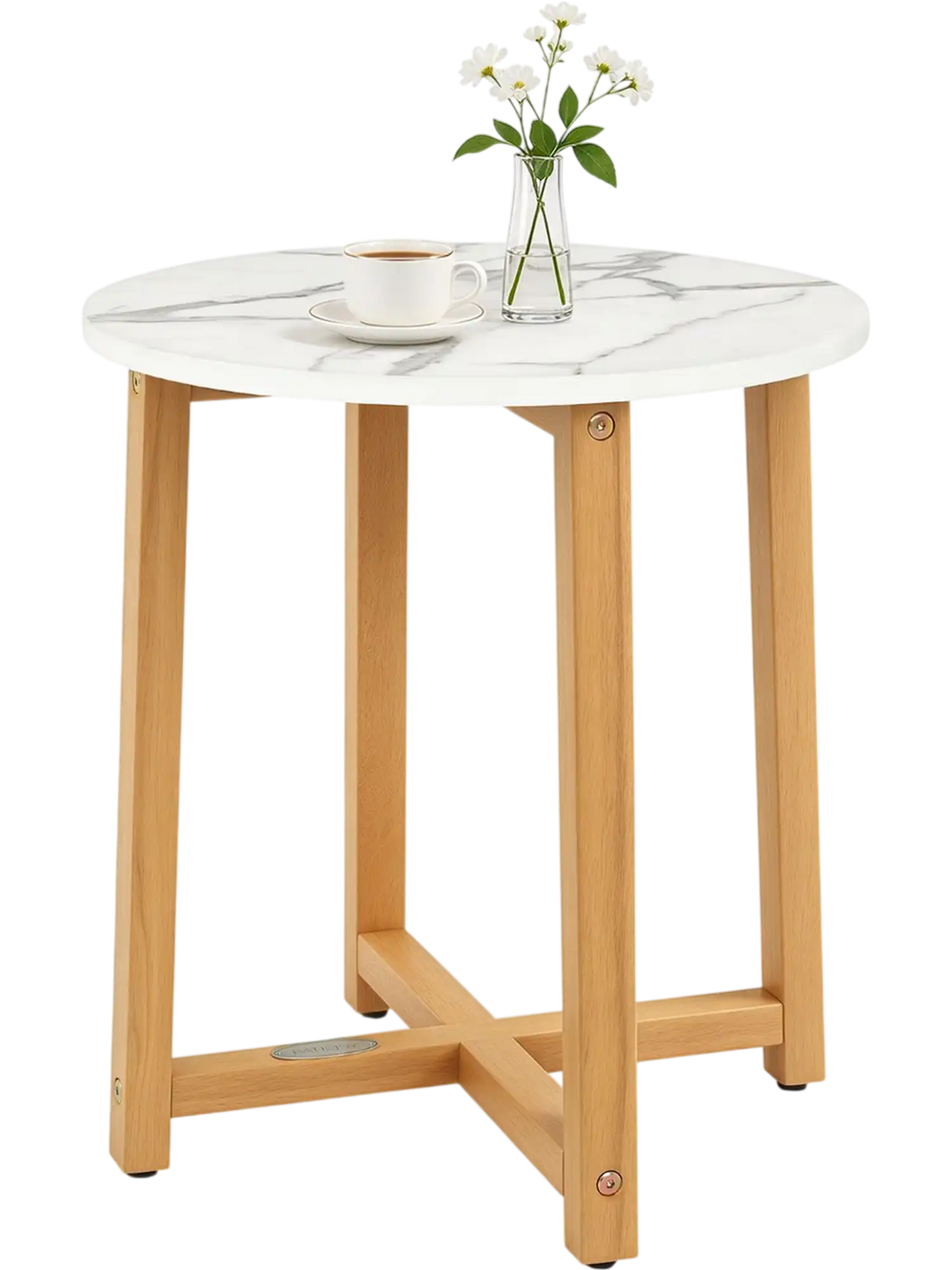 Round end table showcasing a sleek design with a faux marble top and acacia wood legs, perfect for compact spaces.