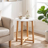 Round end table with a 16" faux marble top and acacia wood legs, perfect for living room decorations and compact use.