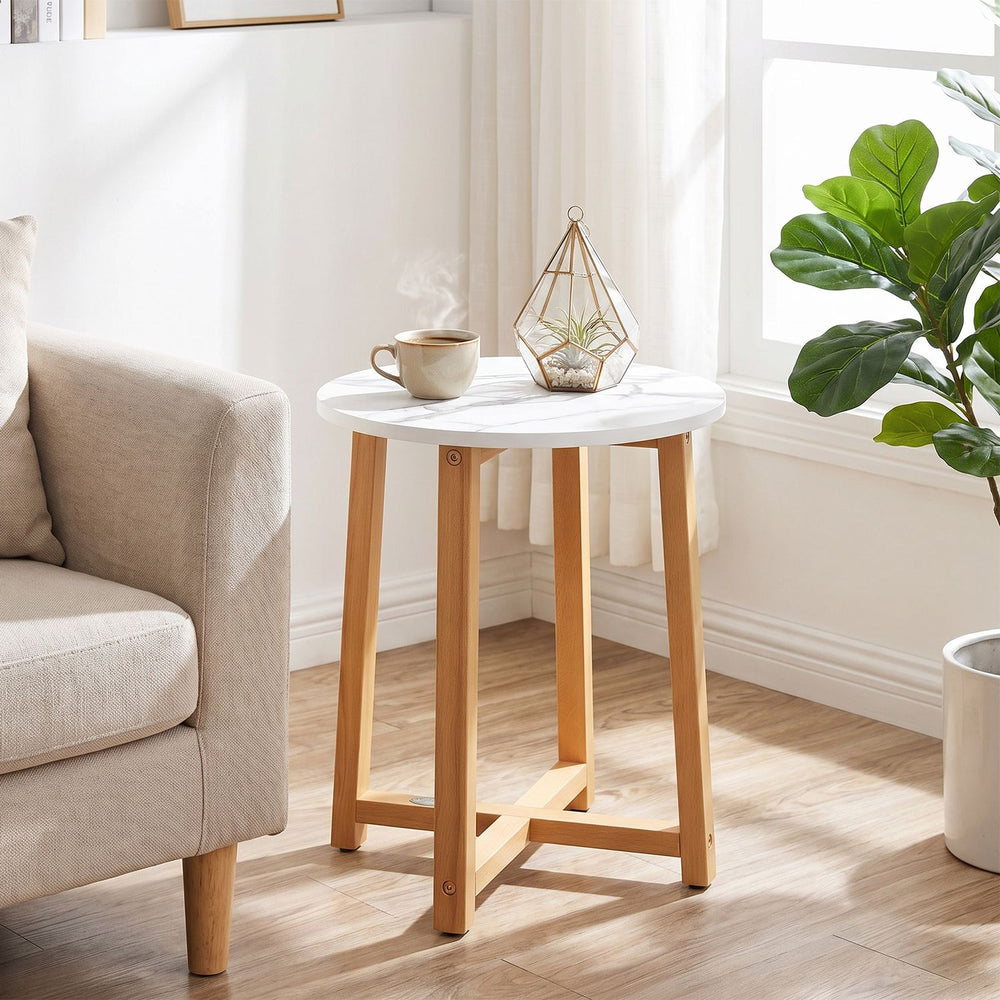 Round End Table with Faux Marble Top and Acacia Wood Legs-1 piece - Gallery View 1 of 9