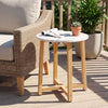 Round end table with a 16" faux marble top and acacia wood legs, ideal for living room or outdoor use.