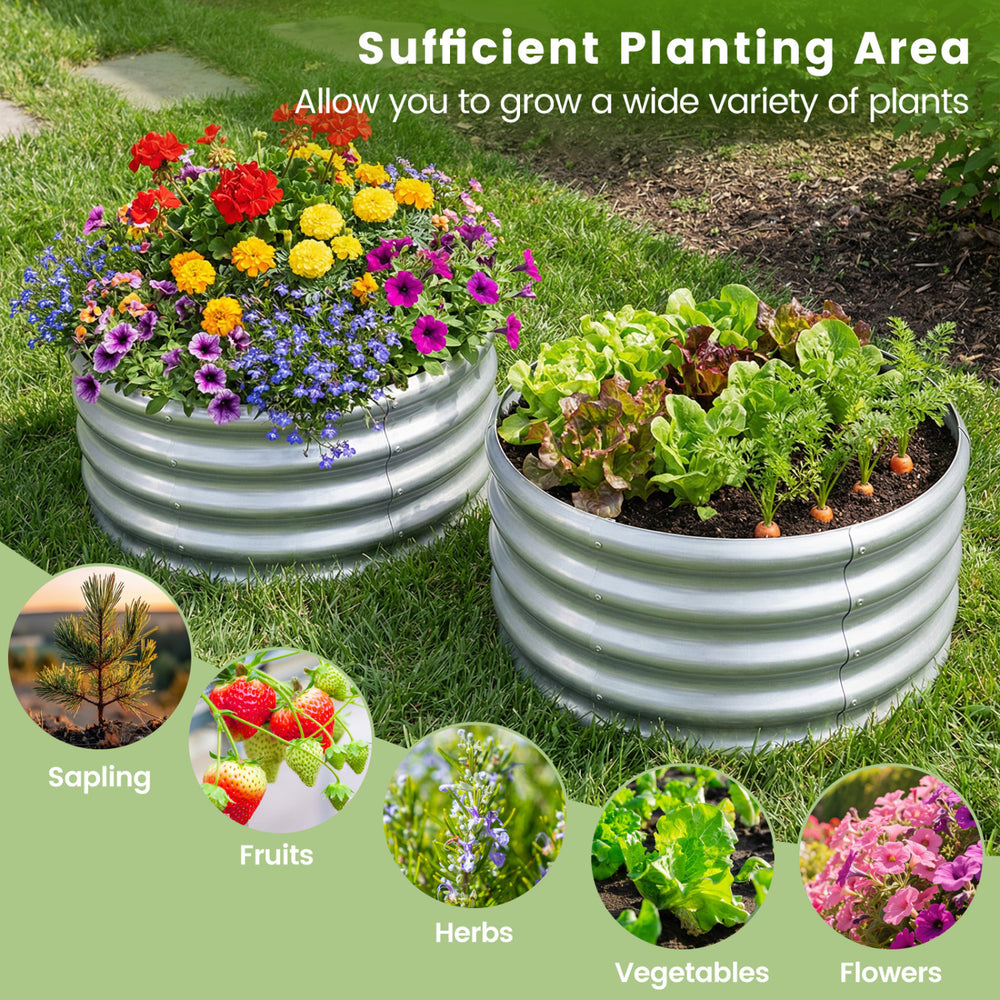Round galvanized raised garden bed with vibrant flowers and vegetables, ideal for patios and gardens.