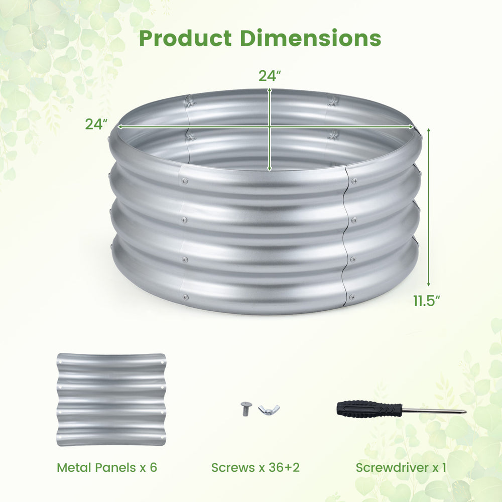 Round galvanized raised garden bed dimensions with six metal panels, screws, and screwdriver for easy assembly.