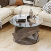 Round glass coffee table with a gray wooden base, featuring a 32-inch tempered glass top, ideal for modern living.