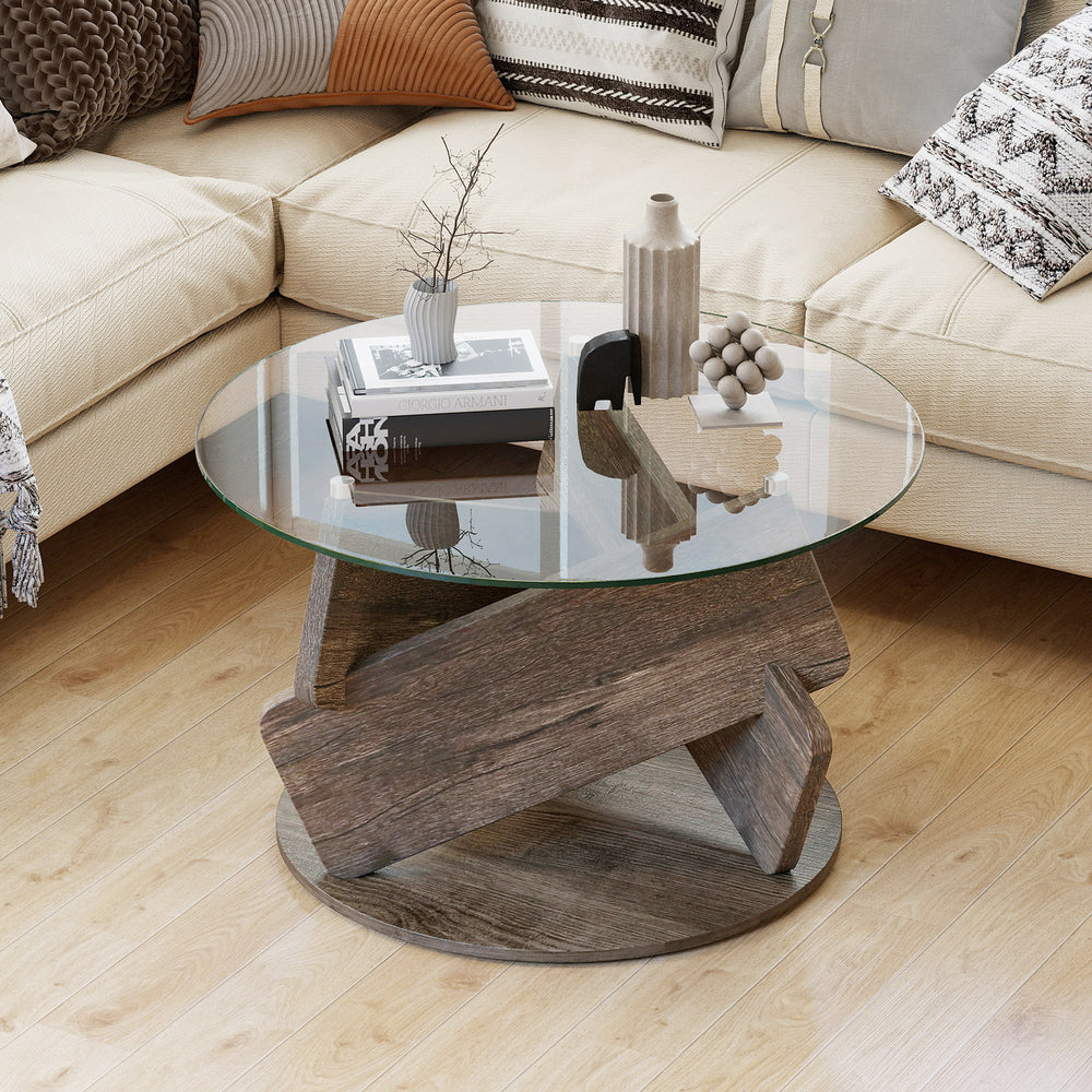 Round glass coffee table with a gray wooden base, featuring a 32-inch tempered glass top, ideal for modern living.