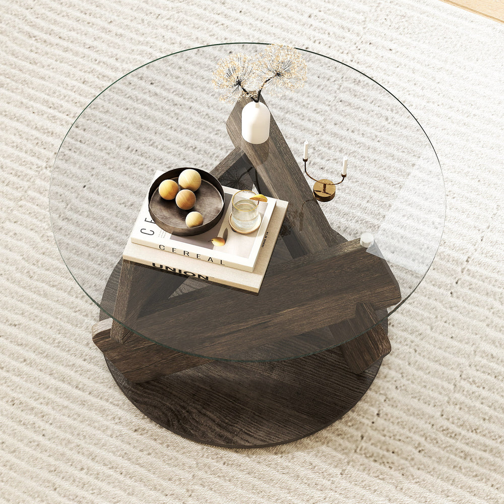 Round glass coffee table with a gray rubberwood base and tempered glass top, perfect for modern living rooms.