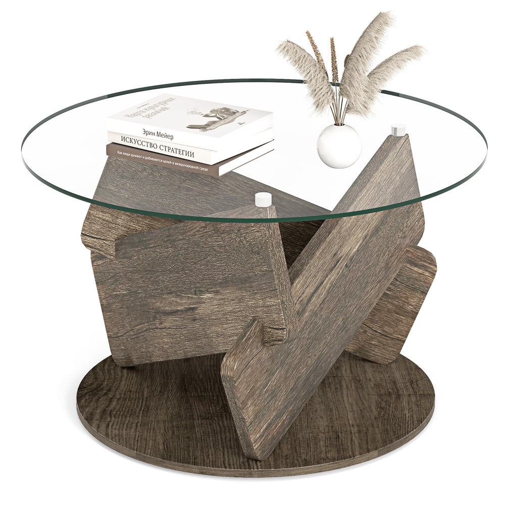 Round glass coffee table with a gray rubberwood base, featuring a 32-inch tempered glass top for stylish interior decor.