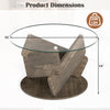 Round glass coffee table with a 32-inch tempered glass top and gray rubberwood base, ideal for modern living spaces.