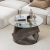 Round glass coffee table with a gray rubberwood base, featuring a tempered glass top, ideal for modern living spaces.