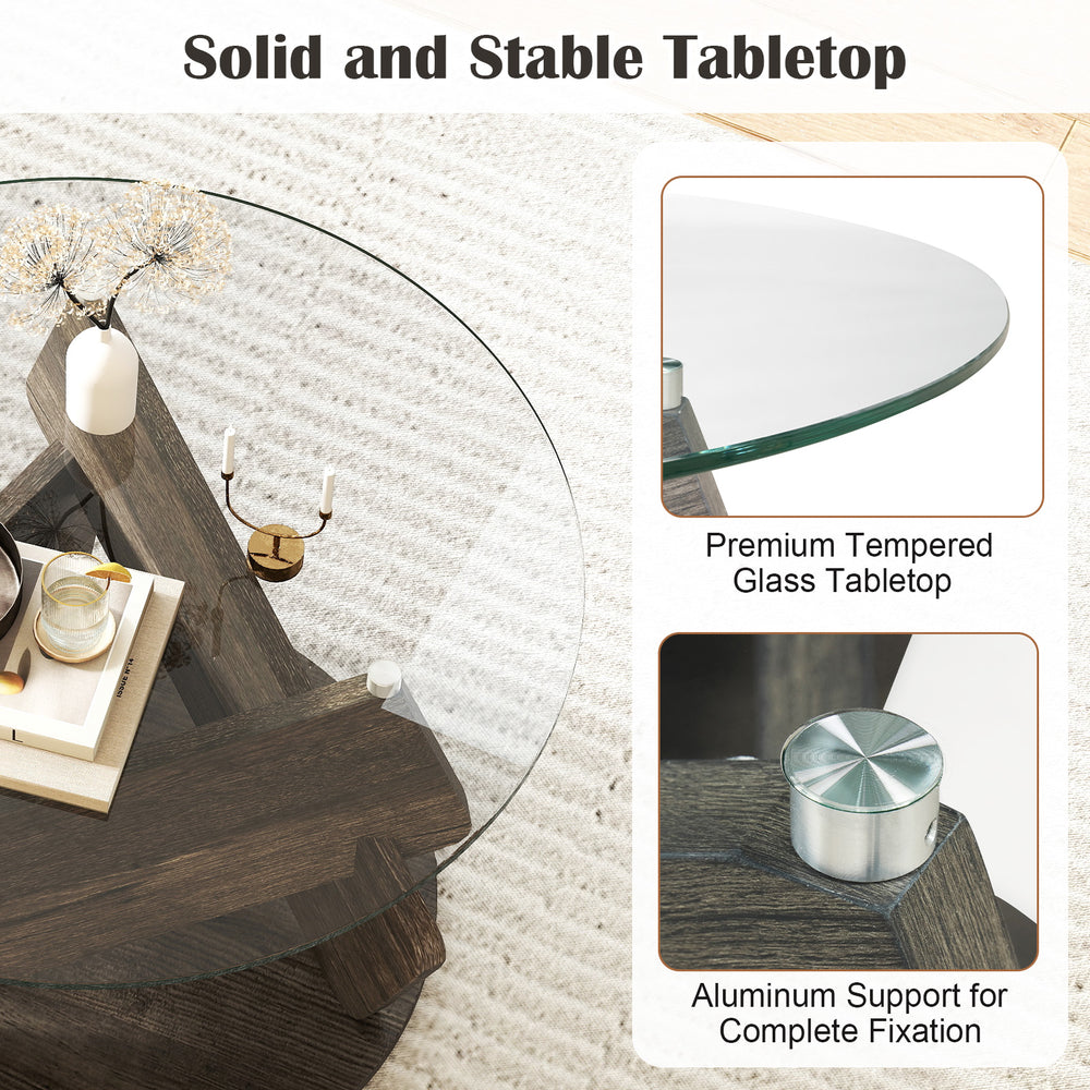 Round glass coffee table with a 32-inch tempered glass top and gray rubberwood base, ideal for living room decor.