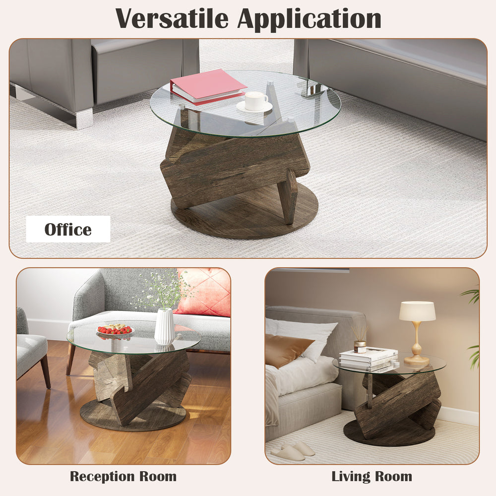 Round glass coffee table with a gray rubberwood base, ideal for office or living room use, showcasing modern design.