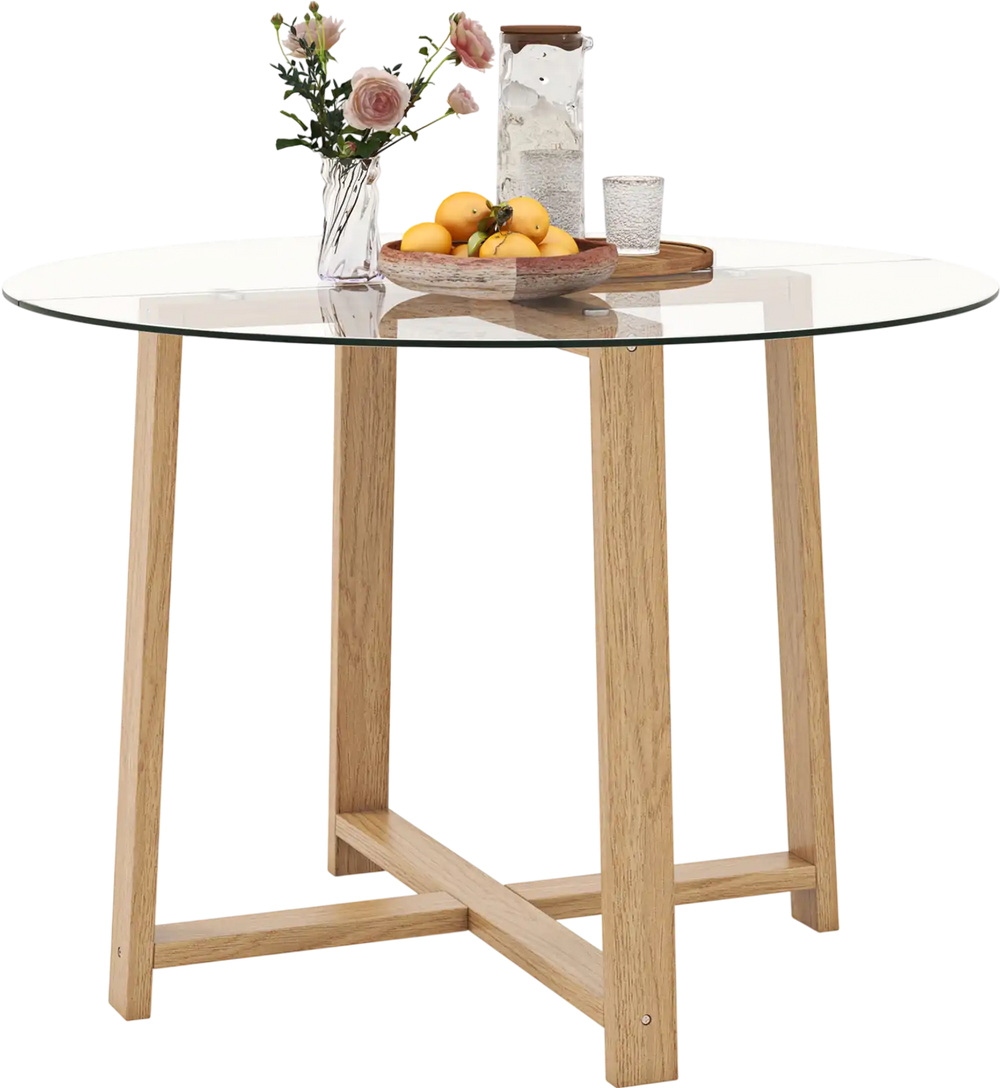 Round 42-inch glass dining table with tempered glass top and natural rubber wood legs, ideal for dining and gatherings.