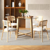 Round glass dining table with tempered glass top and natural rubber wood legs, ideal for dining and gatherings.