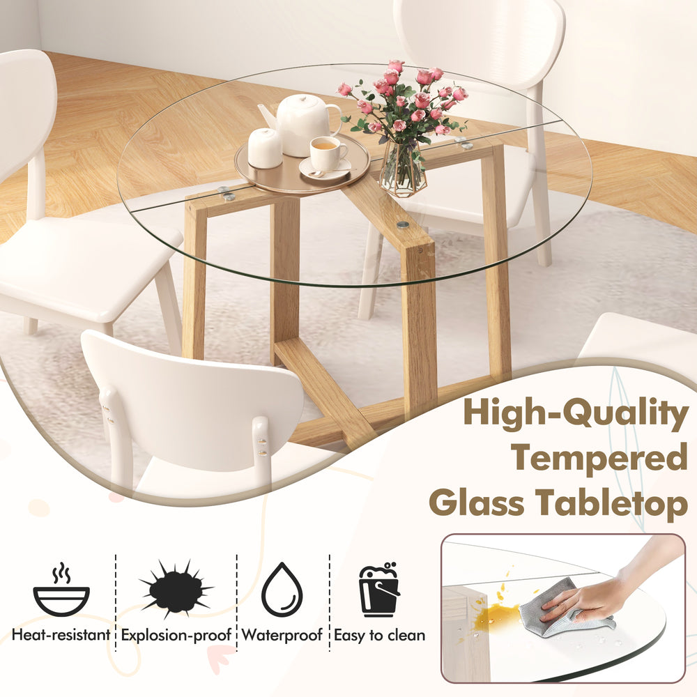 Round 42-inch dining table with heat-resistant tempered glass and natural rubber wood legs, perfect for gatherings.
