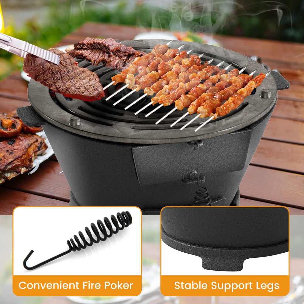 Round hibachi grill with 12-inch double-sided grate, made of heat-resistant cast iron for outdoor cooking.