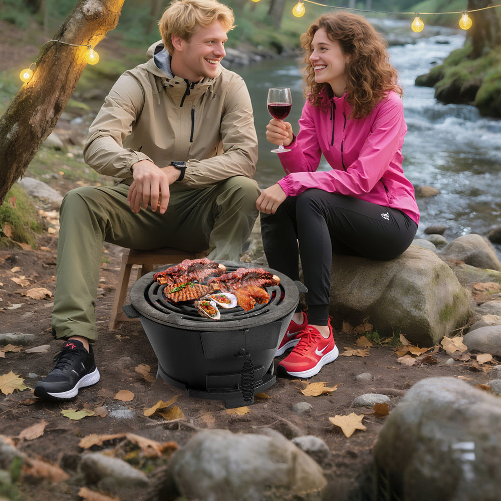 Round hibachi grill with 12-inch double-sided grate, perfect for outdoor cooking and easy transportation.