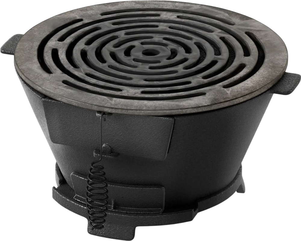 Round portable charcoal hibachi grill with 12-inch double-sided grate, crafted from heat-resistant cast iron for.