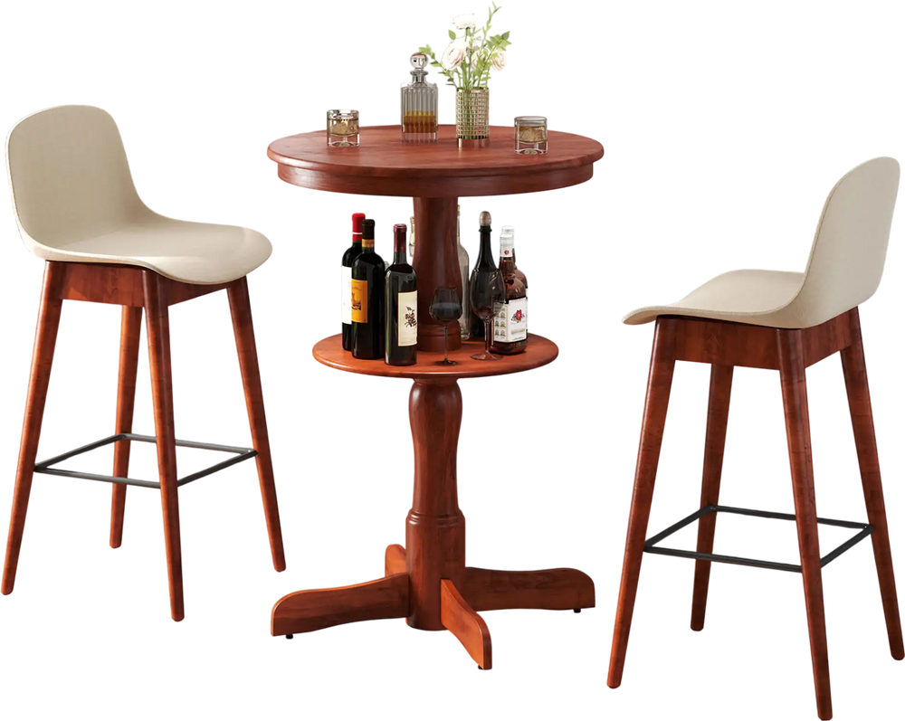 Round high top bar table in espresso with storage shelf, sturdy rubber wood, ideal for kitchen or dining room use.