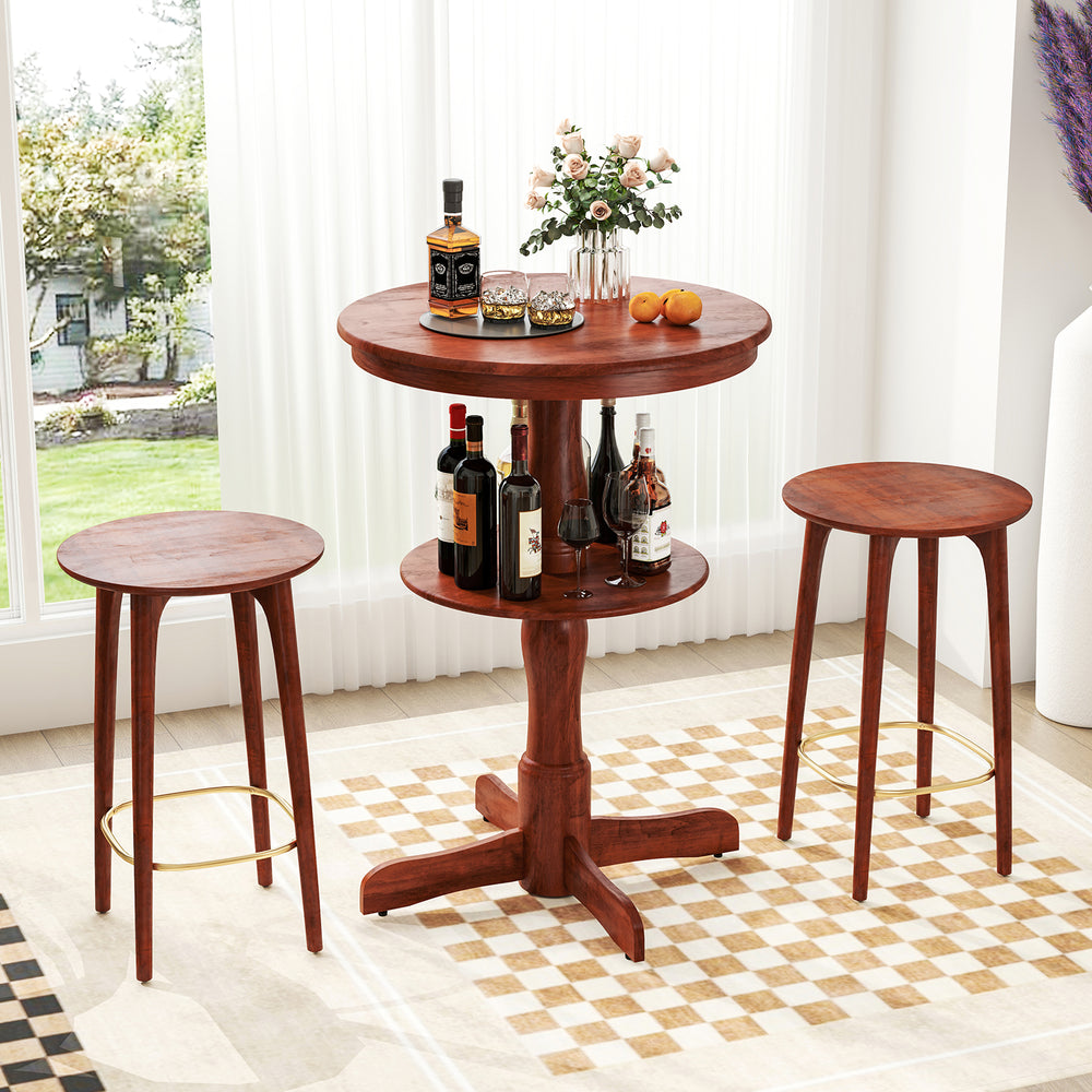 Round high top bar table in espresso with storage shelf, sturdy rubber wood, ideal for kitchens and dining areas.