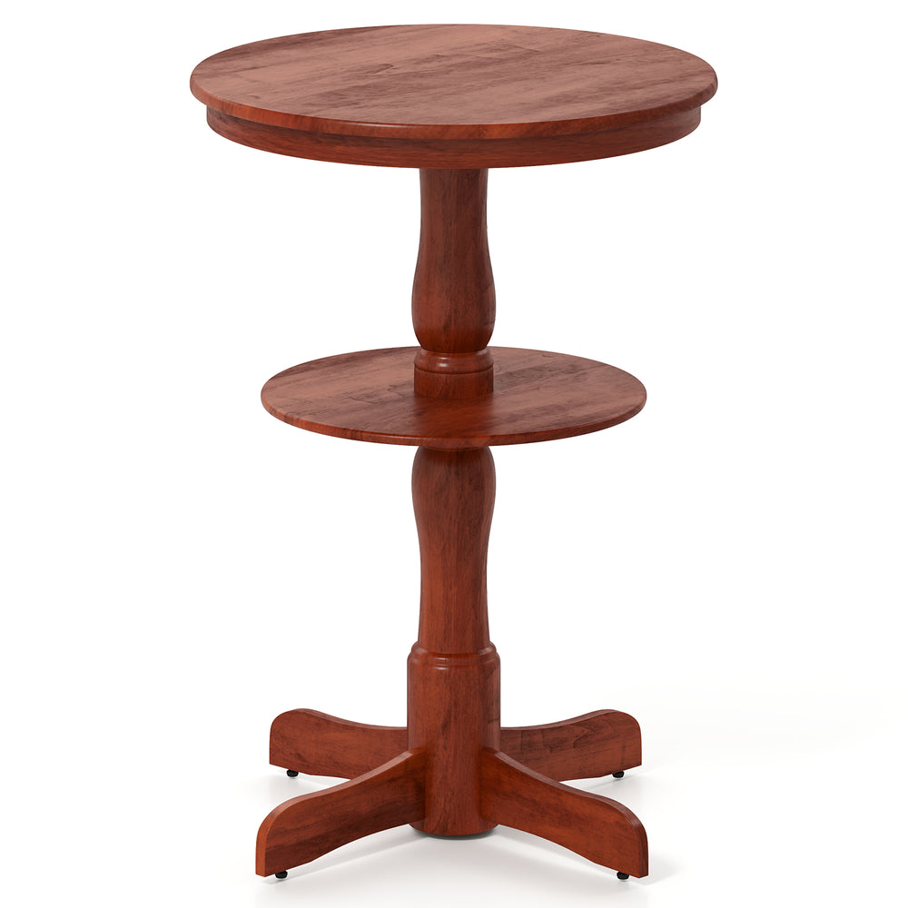 2-tier round high top bar table in espresso with pedestal base and storage shelf, ideal for kitchens and dining areas.