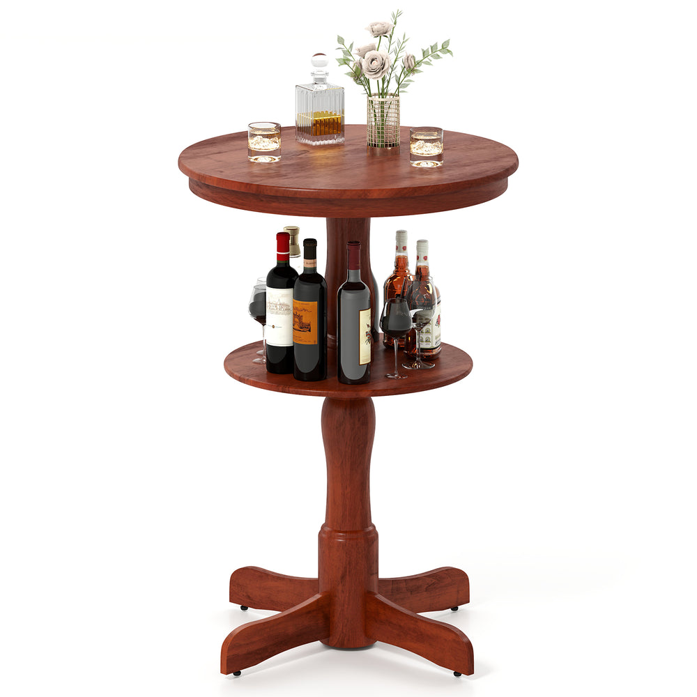 Round high top bar table in espresso with storage shelf, sturdy rubber wood, perfect for kitchens or dining areas.