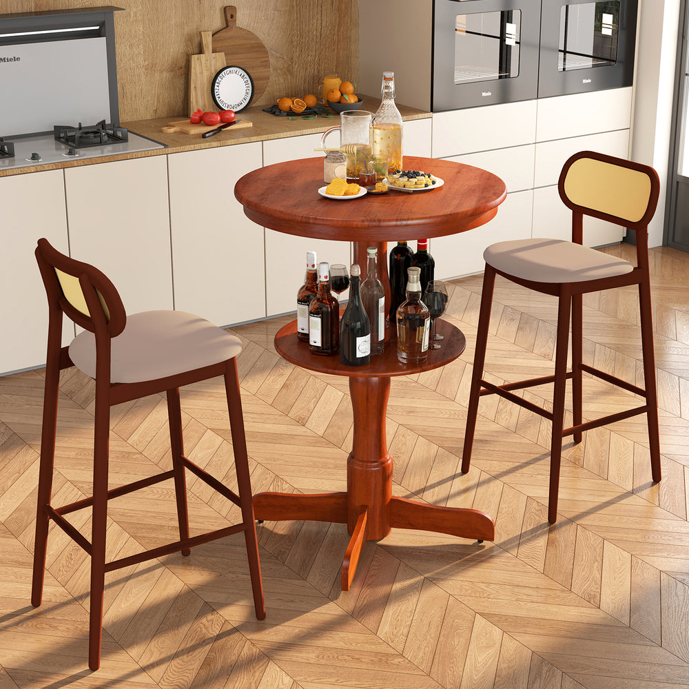 Round high top bar table with storage shelf in espresso, featuring a sturdy pedestal base and elegant design for.