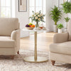 Round marble side table with stone finish and wooden base in white and gold, perfect for small spaces in living rooms.