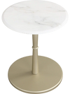 Round marble side table with stone finish and wooden base in white and gold, perfect for small spaces.