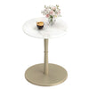 Round marble side table with a stone finish and wooden base in white and gold, perfect for small spaces.