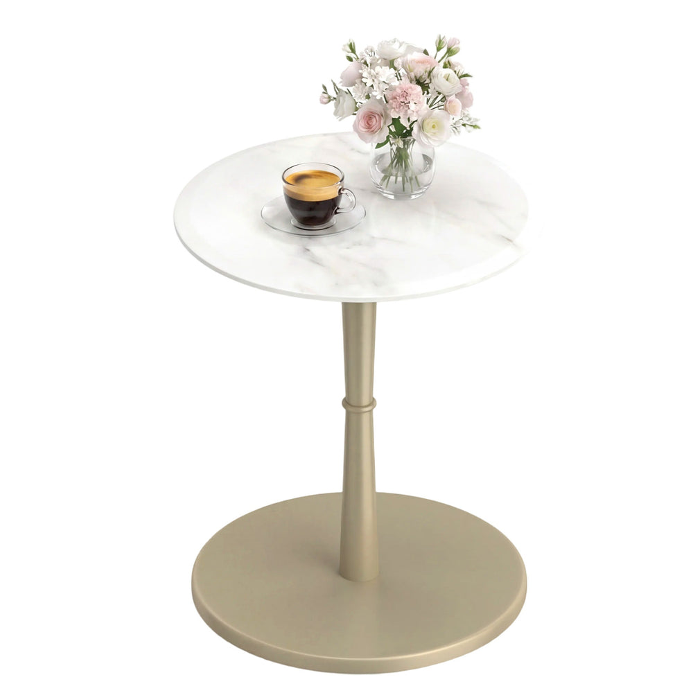 Round marble side table with a stone finish and wooden base in white and gold, perfect for small spaces.