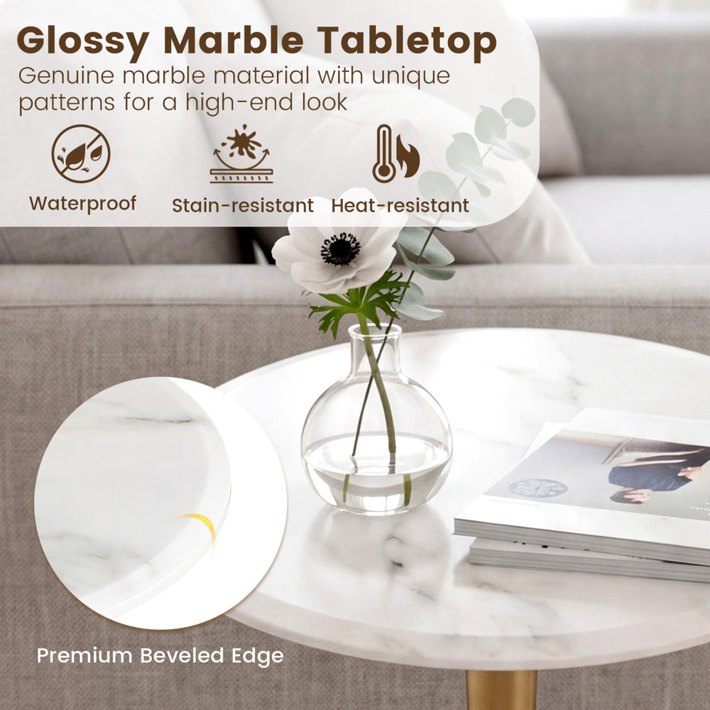 Round marble side table with a glossy stone finish and wooden base, featuring a premium beveled edge for small spaces.