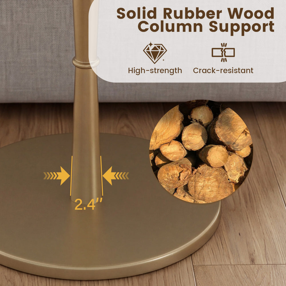 Round marble side table with solid rubber wood column support, featuring a white and gold stone finish for small spaces.