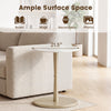 Round marble side table with a stone finish and wooden base, ideal for small spaces, measuring 21.5 inches tall.