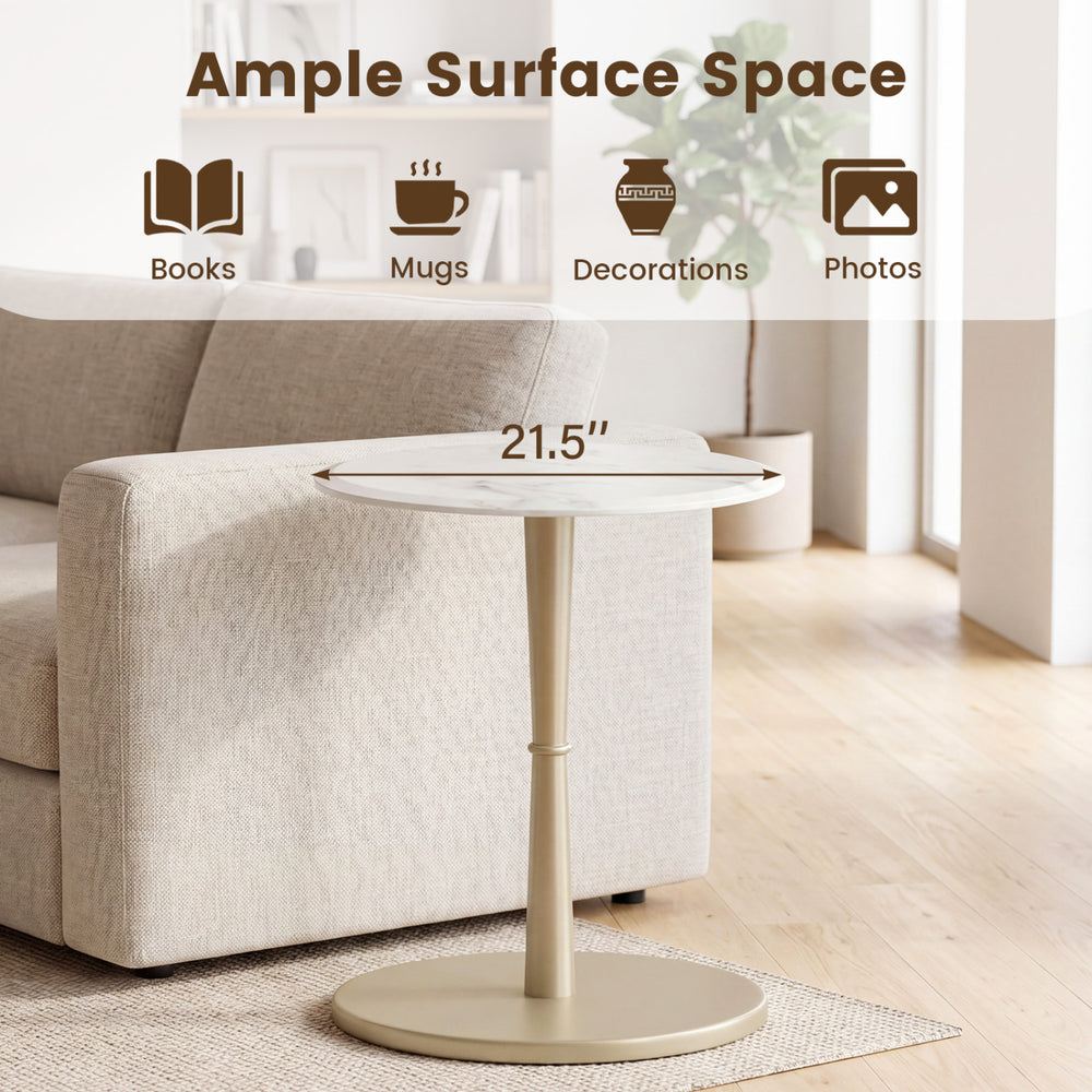 Round marble side table with a stone finish and wooden base, ideal for small spaces, measuring 21.5 inches tall.