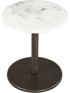 Round marble side table with a stone finish and a black wooden pedestal base, perfect for modern living spaces.