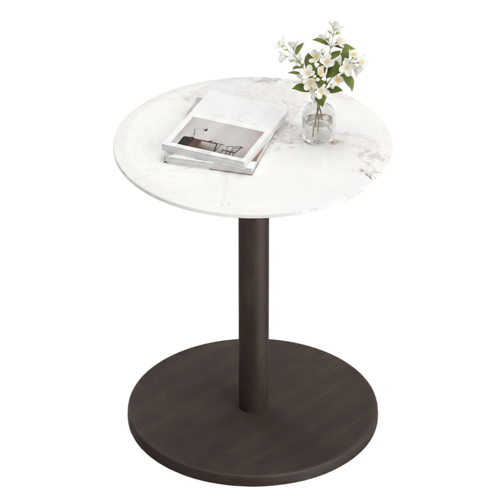 Round marble side table with a stone finish and a black wooden pedestal, perfect for modern living spaces.