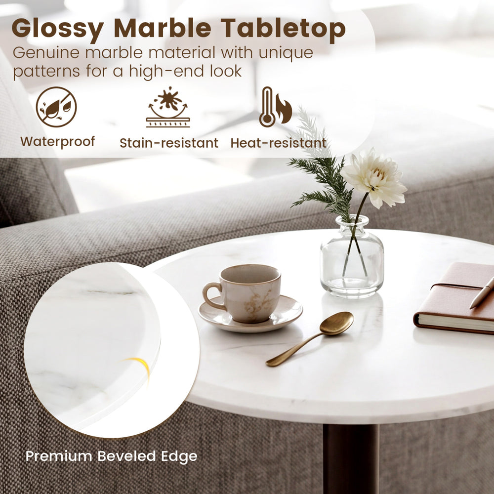 Round marble side table with a glossy stone finish, featuring a premium beveled edge for a stylish accent in any room.